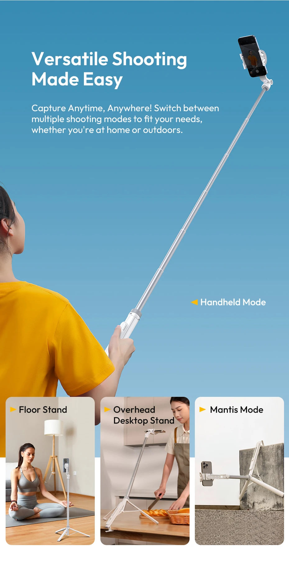 Ulanzi TT88 Overhead Selfie Stick 1.44M with MagSafe Clamp Photograph Tripod for Phone Livestreaming Vlog with Remote Control